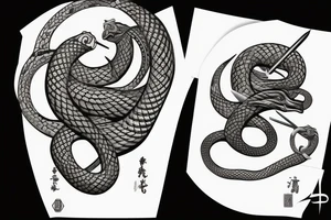 Serpent enroulé autour d’un katana avant bras tattoo idea
