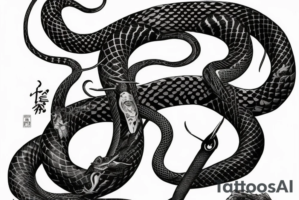Flash Serpent enroulé autour d’un katana avant bras tattoo idea