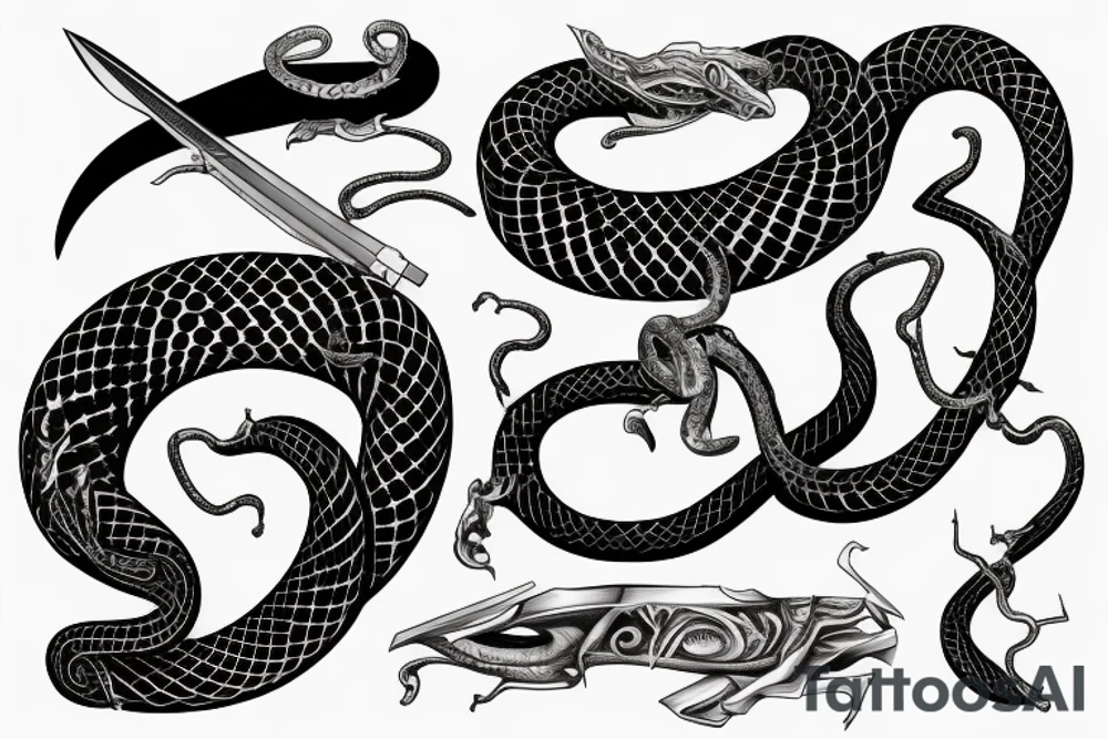 Flash Serpent enroulé autour d’un katana avant bras tattoo idea