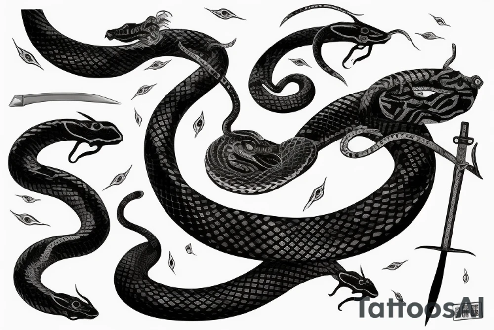 Flash Serpent enroulé autour d’un katana avant bras japonais tattoo idea