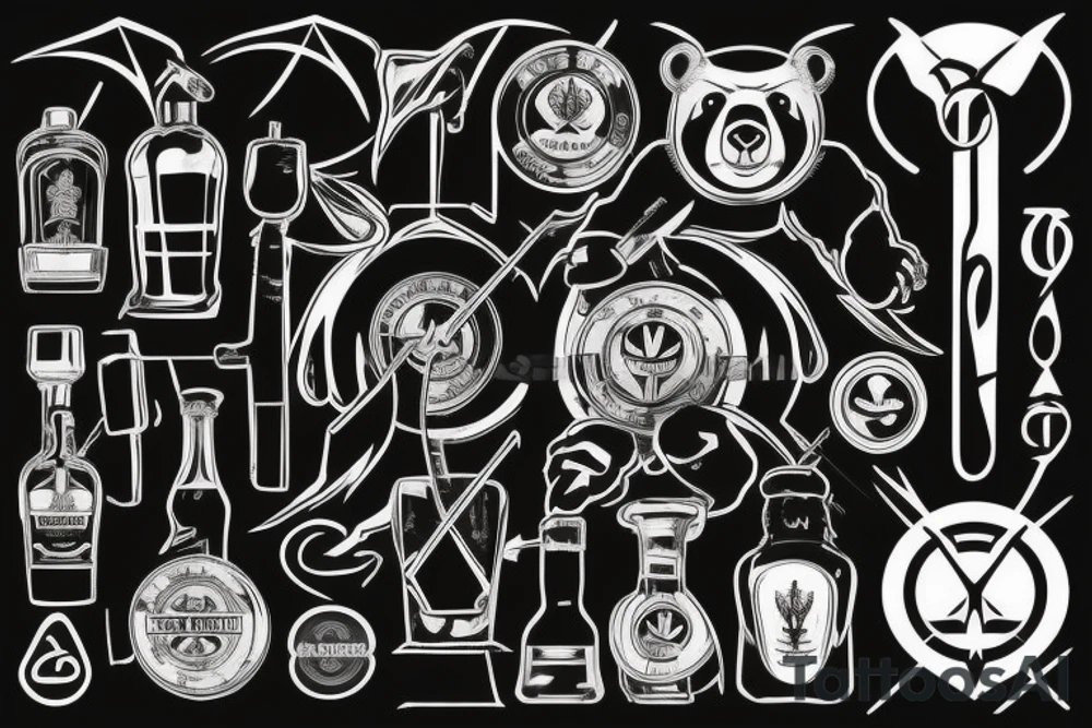 Mixing up of 3 different images: the biggest is black colored classic design of golden ratio 
Inside situated bat the exact copy of rom Bacardi logo and style bear that holds in right paw wrench and in left baton tattoo idea