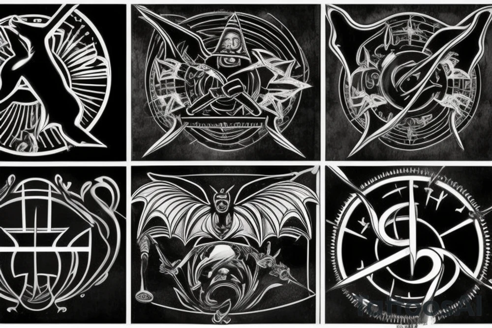 Mixing up of 3 different images: the biggest is black colored classic design of golden ratio 
Inside situated bat the exact copy of rom Bacardi logo and style bear that holds in right paw wrench and in left baton tattoo idea