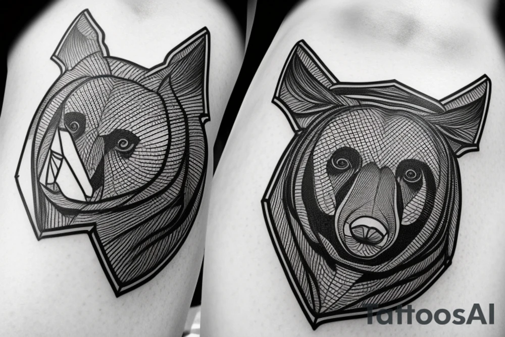Thin lines that create classic design of golden ratio.  
Inside the empty space of graphic golden ratio are situated bat that is Bacardi logo 
realistic bear that holds in right paw wrench and in left baton tattoo idea