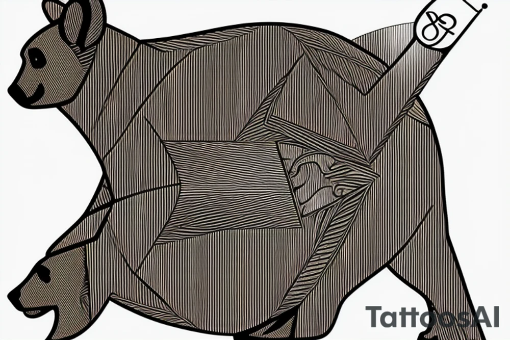 Thin lines that create classic design of golden ratio.  
Inside the empty space of graphic golden ratio are situated bat that is Bacardi logo 
realistic bear that holds in right paw wrench and in left baton tattoo idea