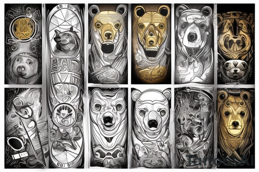 Thin lines that create classic design of golden ratio.  
Inside the empty space of graphic golden ratio are situated bat that is Bacardi logo 
realistic bear that holds in right paw wrench and in left baton tattoo idea