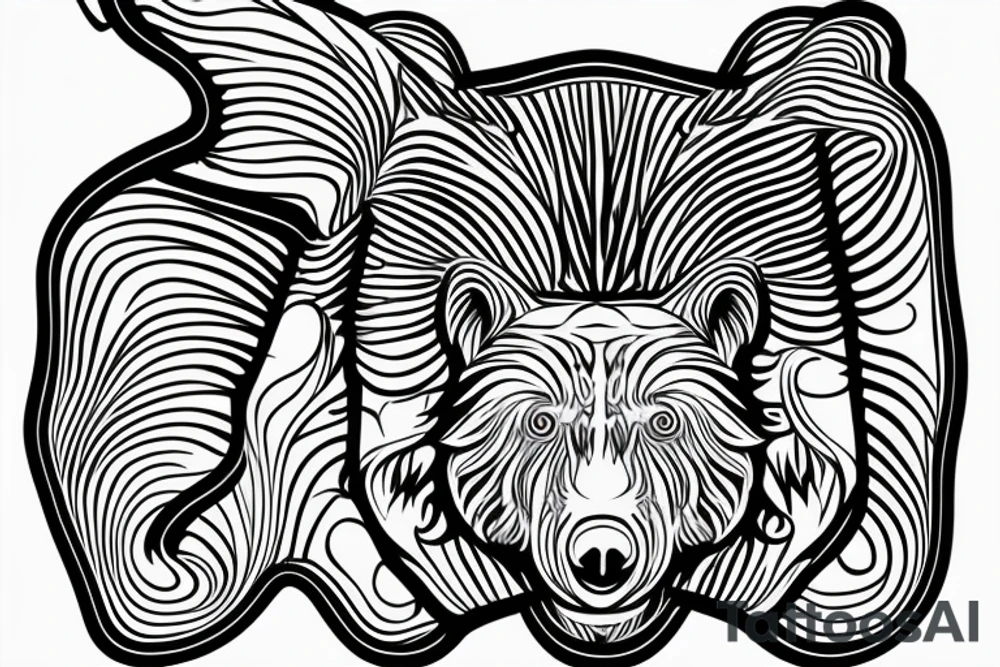 Thin lines that create classic design of golden ratio.  
Inside the empty space of graphic golden ratio are situated bat that is Bacardi logo 
realistic bear that holds in right paw wrench and in left baton tattoo idea