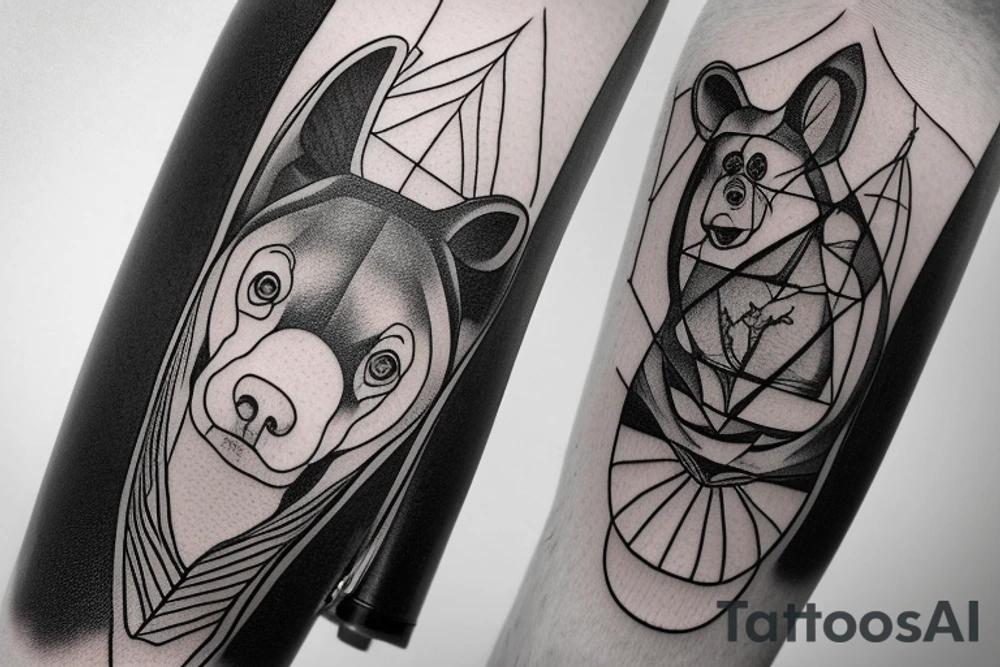Thin lines that create classic design of golden ratio.  
Inside the empty space of graphic golden ratio are situated bat that is Bacardi logo 
realistic bear that holds in right paw wrench and in left baton tattoo idea