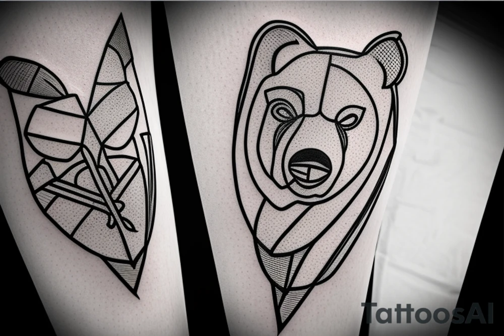 Thin lines that create classic design of golden ratio.  
Inside the empty space of graphic golden ratio are situated bat that is Bacardi logo 
realistic bear that holds in right paw wrench and in left baton tattoo idea