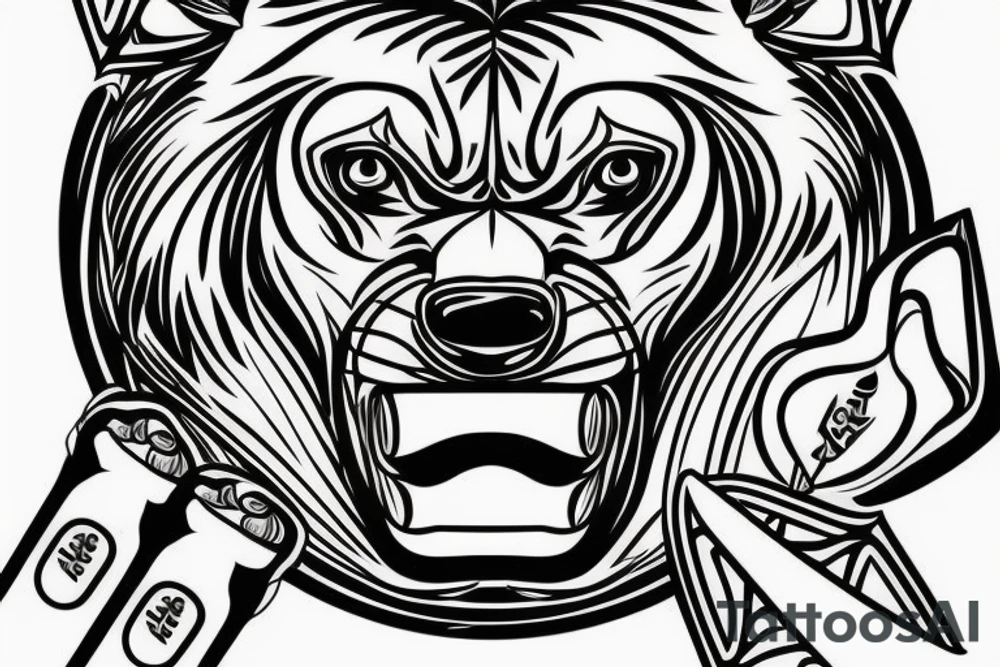Thin lines that create classic design of golden ratio.  
Inside the empty space of graphic golden ratio are situated bat that is Bacardi logo 
realistic bear that holds in right paw wrench and in left baton tattoo idea