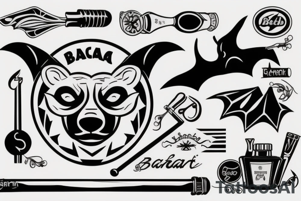 Thin lines that create classic design of golden ratio.  
Inside the empty space of graphic golden ratio are situated bat that is Bacardi logo 
realistic bear that holds in right paw wrench and in left baton tattoo idea