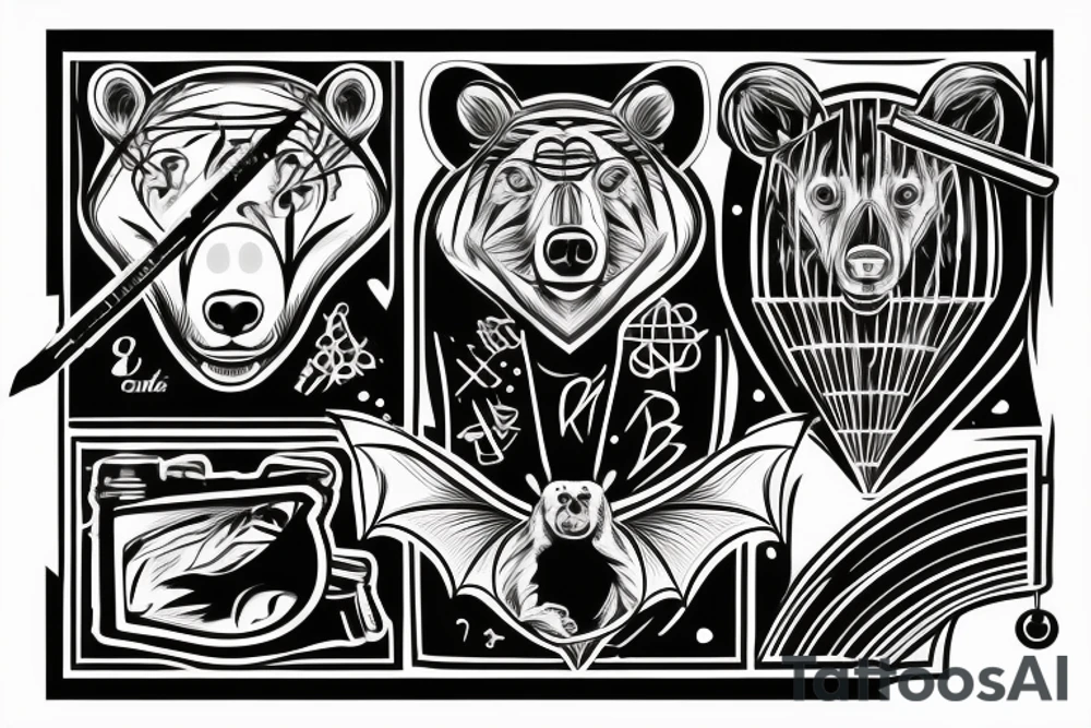 Thin lines that create classic design of golden ratio.  
Inside the empty space of graphic golden ratio are situated bat that is Bacardi logo 
realistic bear that holds in right paw wrench and in left baton tattoo idea