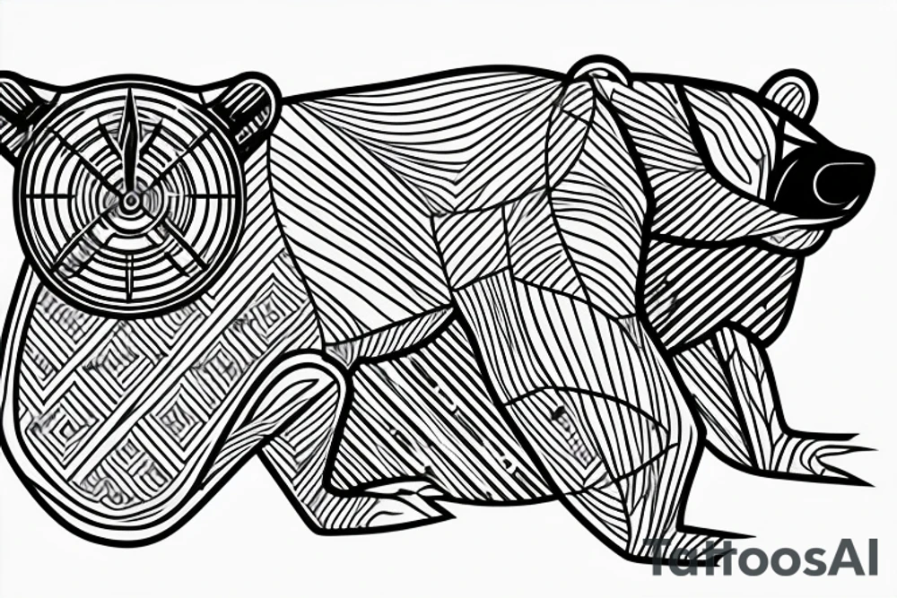 Thin lines that create classic design of golden ratio.  
Inside the empty space of graphic golden ratio are situated bat that is Bacardi logo 
realistic bear that holds in right paw wrench and in left baton tattoo idea