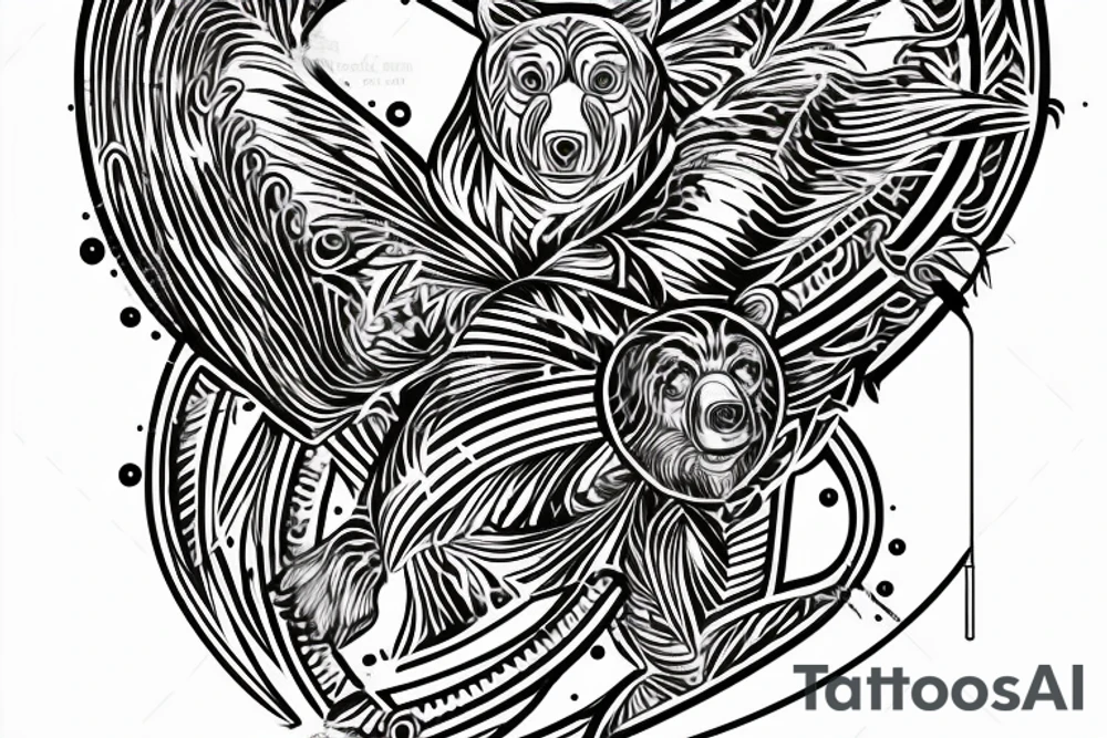 Thin lines that create classic design of golden ratio.  
Inside the empty space of graphic golden ratio are situated bat that is Bacardi logo 
realistic bear that holds in right paw wrench and in left baton tattoo idea