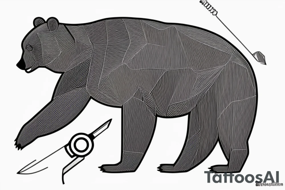 Thin lines that create classic design of golden ratio.  
Inside the empty space of graphic golden ratio are situated bat 
realistic bear that holds in right paw wrench and in left baton tattoo idea