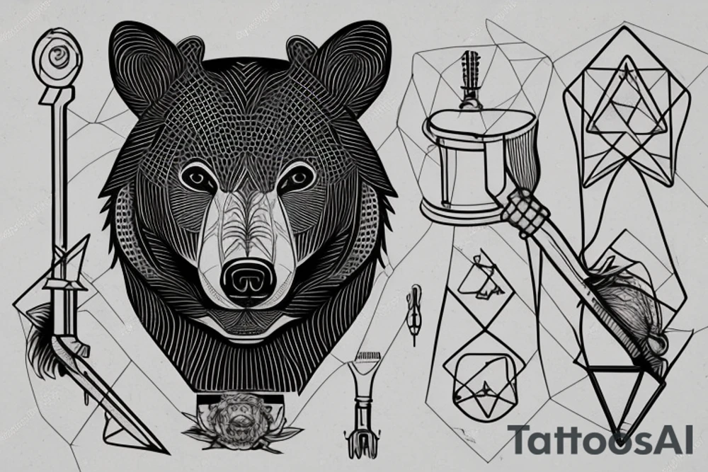 Thin lines that create classic design of golden ratio.  
Inside the empty space of graphic golden ratio are situated bat 
realistic bear that holds in right paw wrench and in left baton tattoo idea