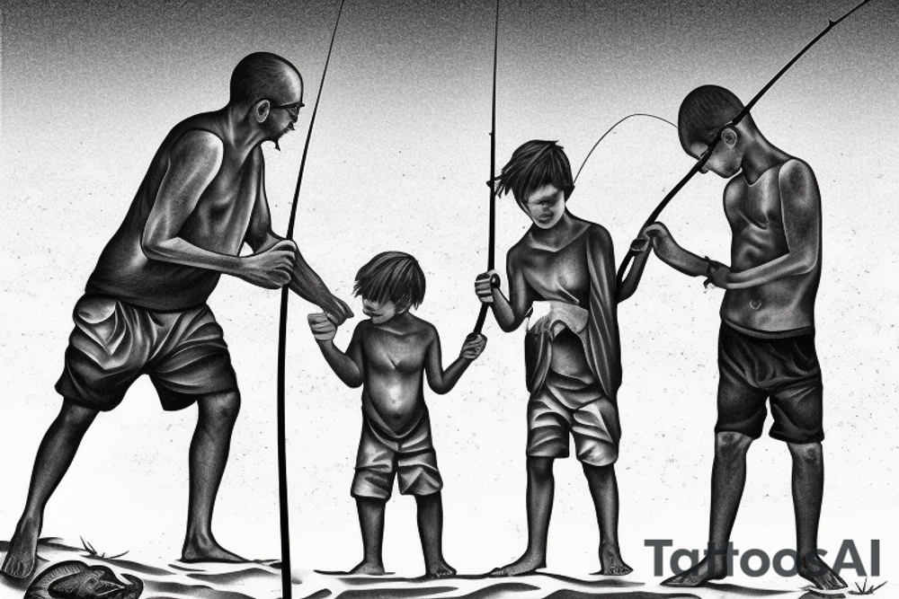 Father and two sons fishing on the beach. With bible verse tattoo idea