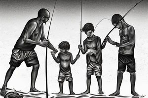 Father and two sons fishing on the beach. With bible verse tattoo idea