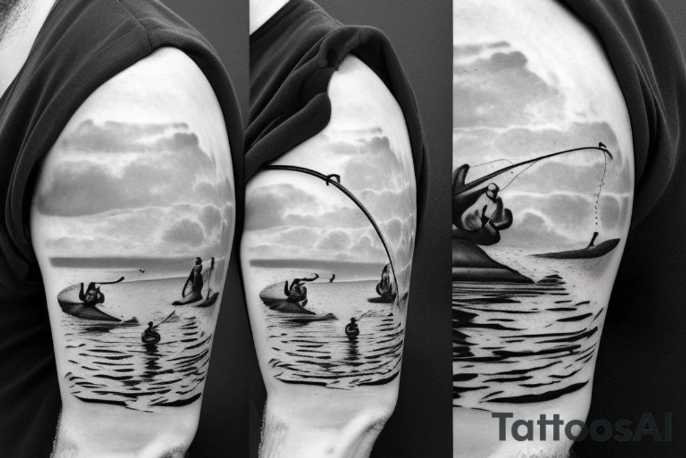 Father and two sons fishing on the beach tattoo idea
