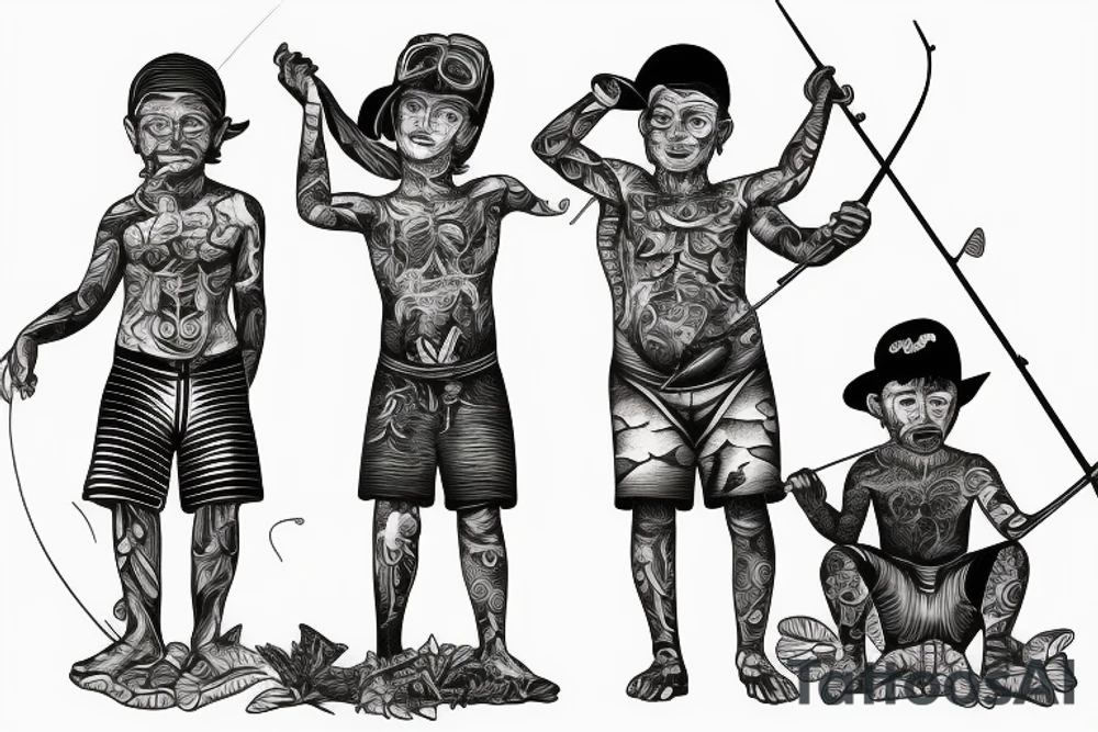 Father and two sons fishing on the beach tattoo idea