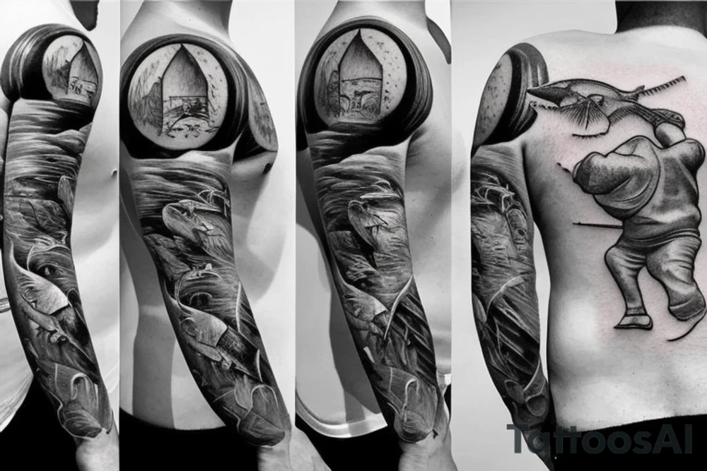 Father and two sons fishing on beach tattoo idea