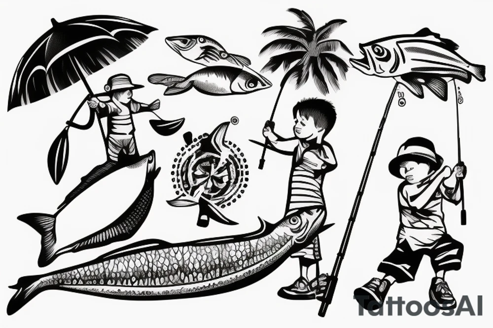 Father and two sons fishing on beach tattoo idea