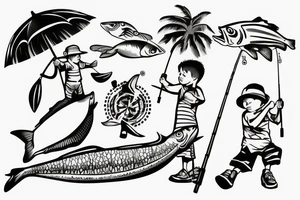 Father and two sons fishing on beach tattoo idea