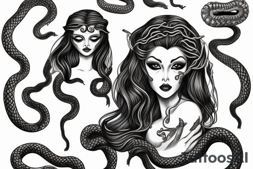 Beautiful Medusa with snakey hair for a sternum piece tattoo idea