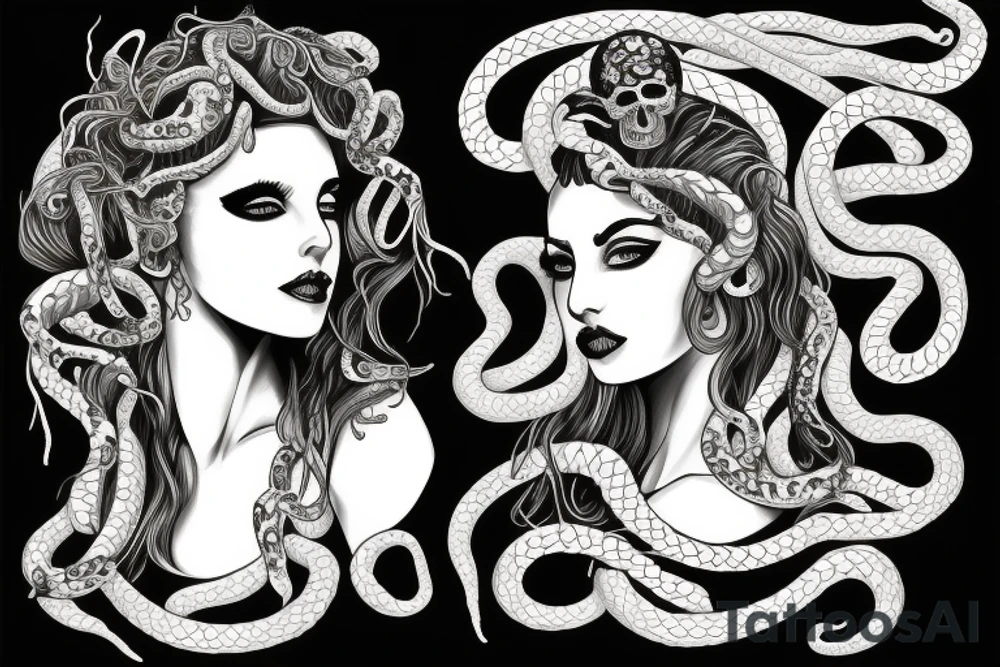 beautiful greek style medusa with snake hair and skulls  for female sternum tattoo idea