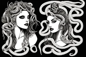 beautiful greek style medusa with snake hair and skulls  for female sternum tattoo idea