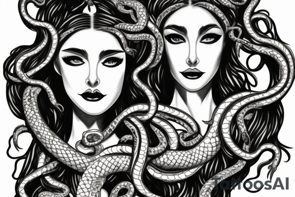 beautiful greek style medusa with snake hair and skulls  for female sternum tattoo idea