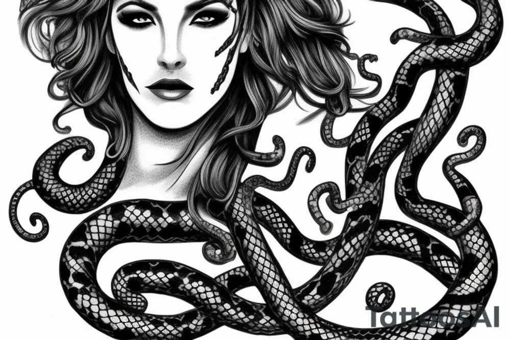 beautiful greek style medusa with snake hair and skulls  for female sternum tattoo idea