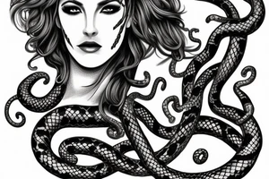 beautiful greek style medusa with snake hair and skulls  for female sternum tattoo idea