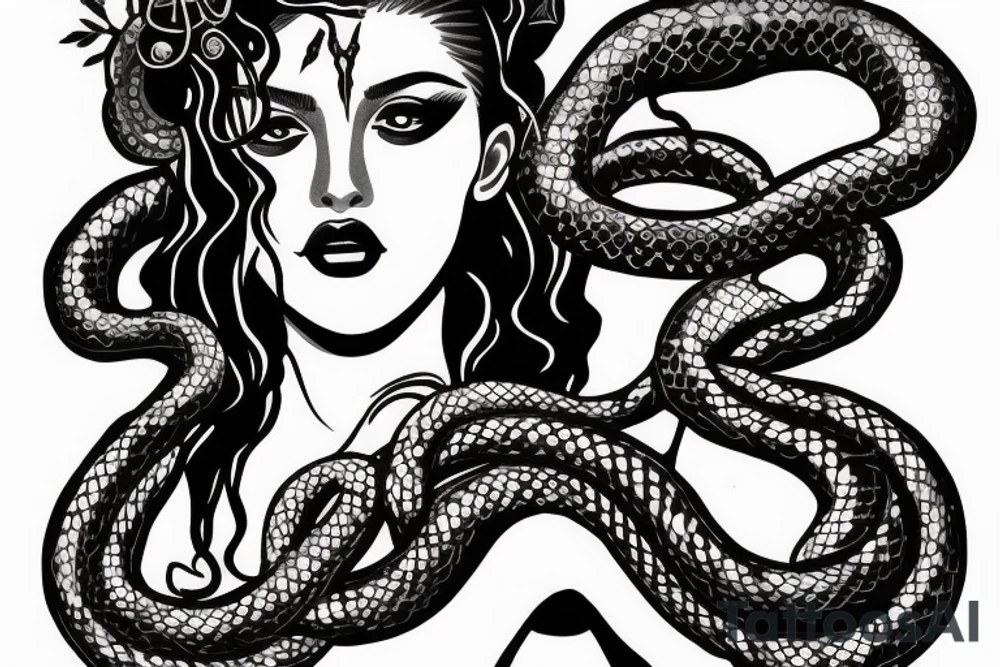 beautiful greek style medusa with snake hair and skulls  for female sternum tattoo idea