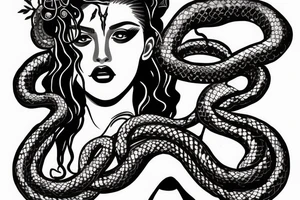 beautiful greek style medusa with snake hair and skulls  for female sternum tattoo idea