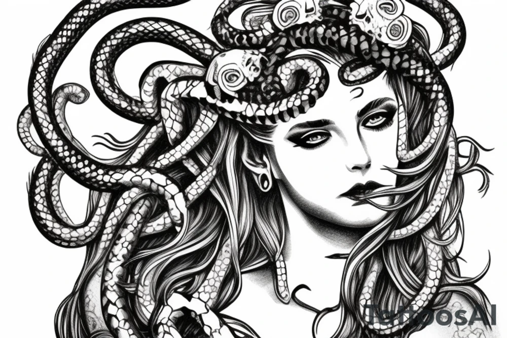 beautiful greek style medusa with snake hair and skulls  for female sternum tattoo idea