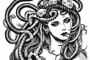 beautiful greek style medusa with snake hair and skulls  for female sternum tattoo idea