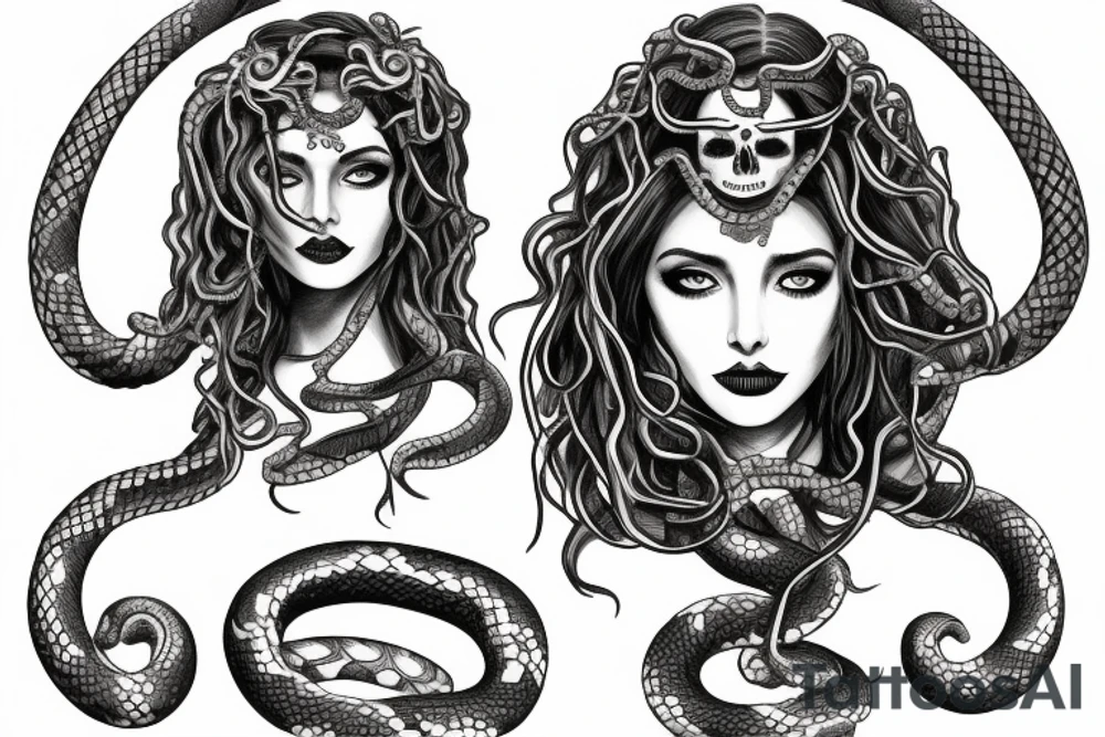 beautiful greek style medusa with snake hair and skulls  for female sternum tattoo idea