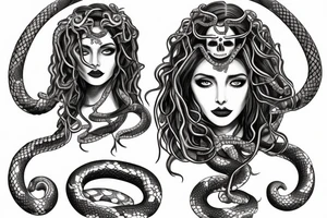 beautiful greek style medusa with snake hair and skulls  for female sternum tattoo idea