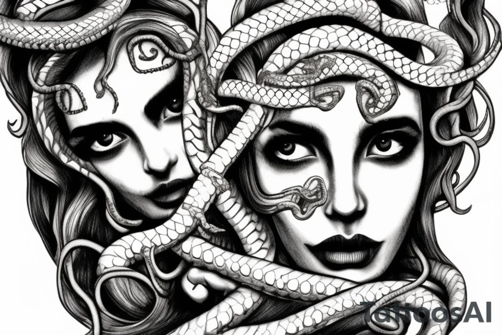 beautiful greek style medusa with snake hair and skulls  for female sternum tattoo idea