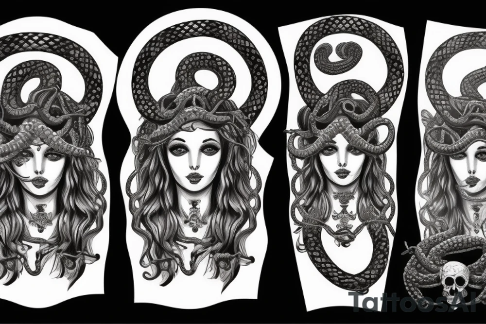 beautiful greek style medusa with snake hair and skulls  for female sternum tattoo idea