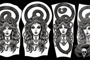 beautiful greek style medusa with snake hair and skulls  for female sternum tattoo idea