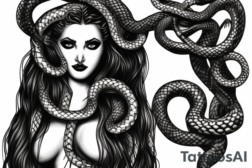beautiful greek style medusa with snake hair and skulls  for female sternum tattoo idea