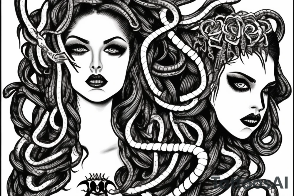 beautiful greek style medusa with snake hair and skulls  for female sternum tattoo idea