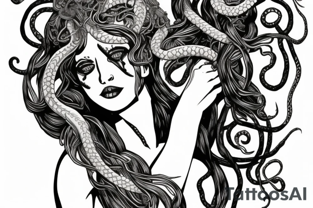 beautiful greek style medusa with snake hair and skulls  for female sternum tattoo idea