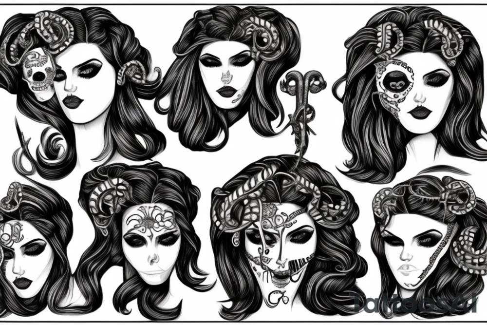 beautiful greek style medusa with snake hair and skulls  for female sternum tattoo idea