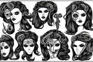 beautiful greek style medusa with snake hair and skulls  for female sternum tattoo idea