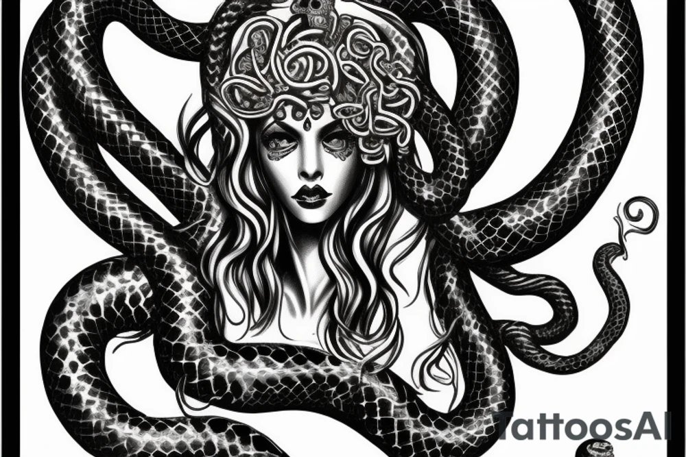 beautiful greek style medusa with snake hair and skulls  for female sternum tattoo idea