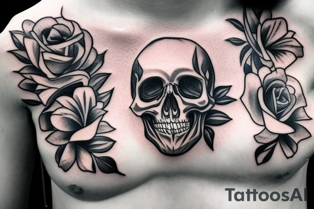 skull and candle female chest piece tattoo idea