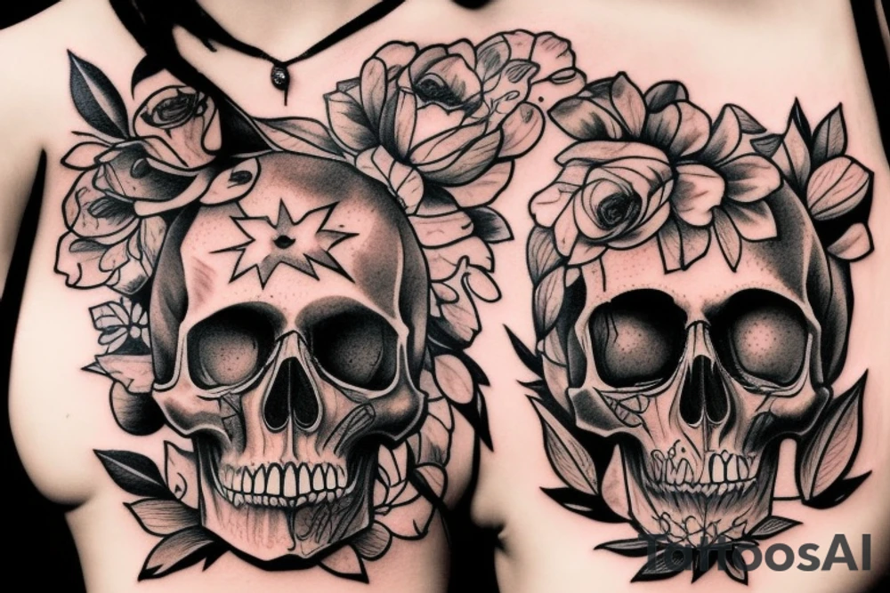 skull and candle chest piece female tattoo idea