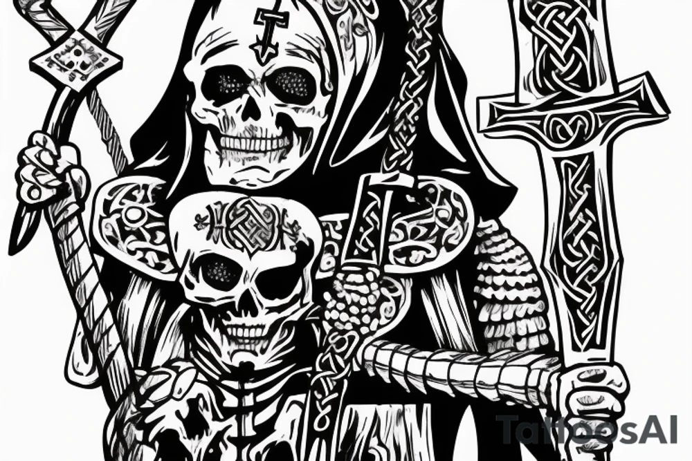 An evil catholic bishop skeleton with a Viking holding an axe to his throat tattoo idea